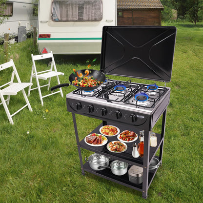 YUMIONB 5 Burners BBQ Propane Gas Grill, Freestanding Natural Gas Stove Patio Garden Barbecue Grill Manual Ignition Camping Stove Portable Grills for Stir-Frying, Cooking Pasta, Boiling Soup (Black)