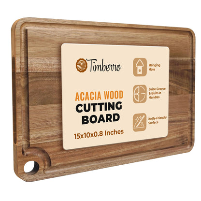 Timberro Acacia Wood Cutting Board - Solid Organic Wooden Meat Boards for Kitchen, Real Hardwood Chopping Butcher Block with Deep Juice Groove Well for Counter, Medium Countertop Blocks with Handle