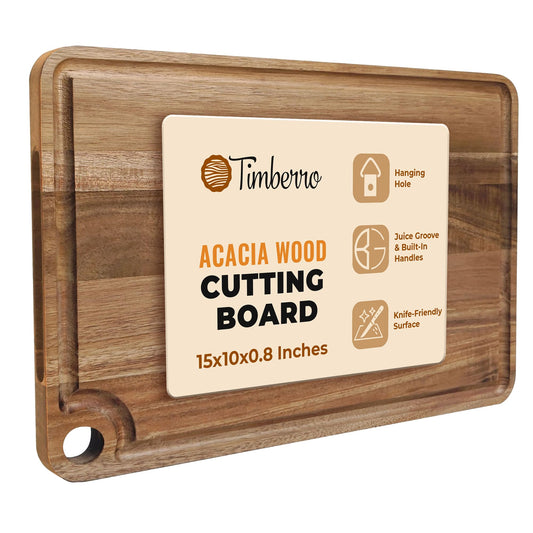 Timberro Acacia Wood Cutting Board - Solid Organic Wooden Meat Boards for Kitchen, Real Hardwood Chopping Butcher Block with Deep Juice Groove Well for Counter, Medium Countertop Blocks with Handle