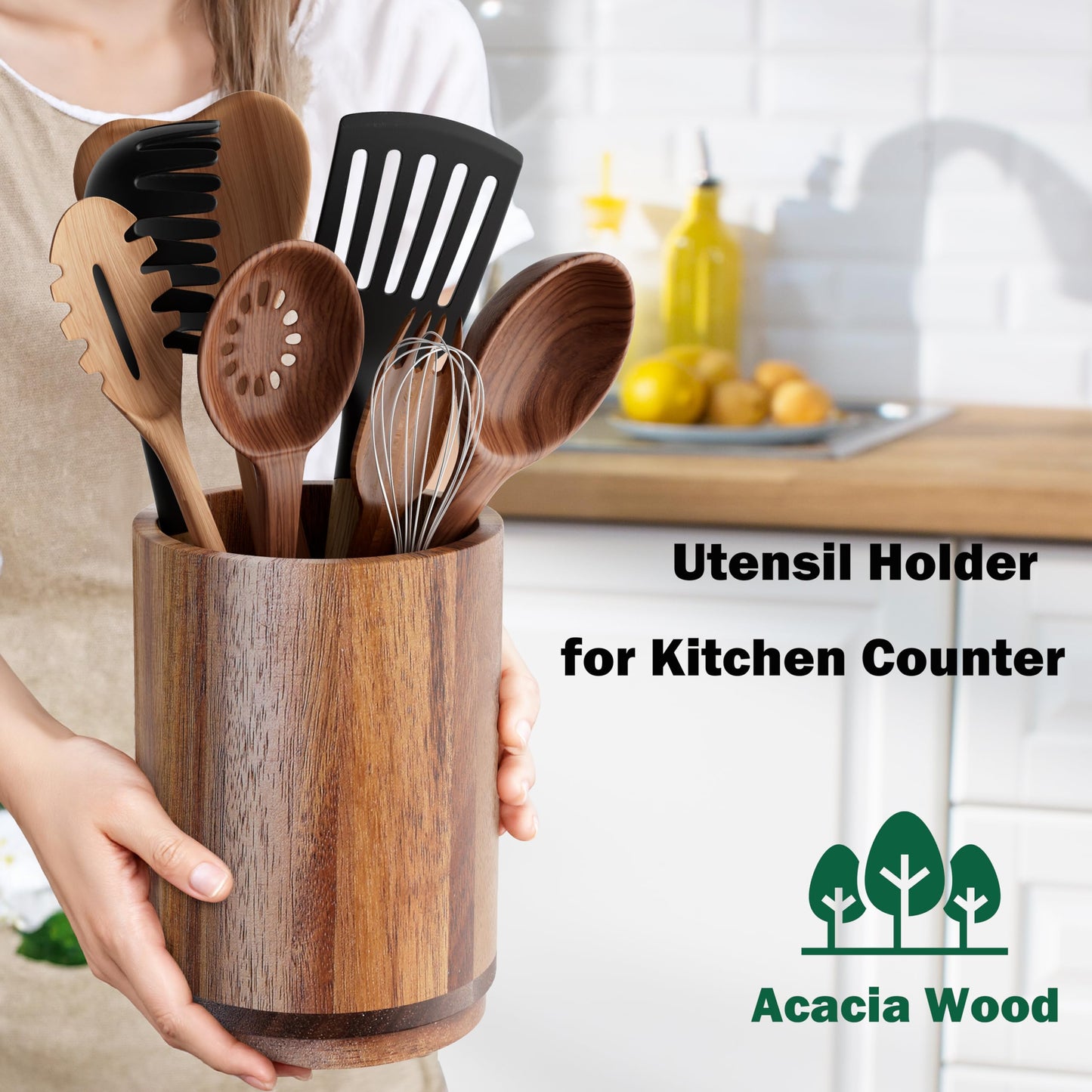 Segtenant Utensil Holder, Acacia Wood Kitchen Utensil Holder for Countertop, 360°Rotating Cooking Utensil Crock for Kitchen Counter, 7.2" Large Utensil Organizer for Spatula
