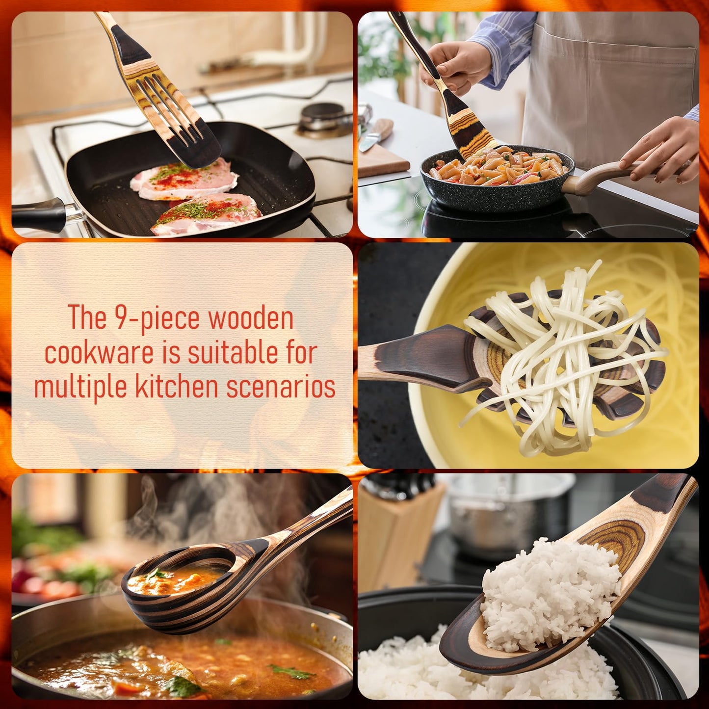 Teenyyou 9 Pcs Pakkawood Kitchen Utensils Pakkawood Soup Ladle Big Deep Soup Spoons Wood Non Stick Utensils with Long Handle for Serving Cooking Kitchen Apartment Tools Women Gifts (Mixed Style)