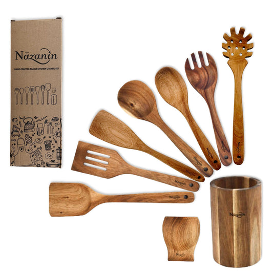 NAZANIN 9-Piece Natural Acacia Wood Kitchen Utensil Set with Holder & Spoon Rest, Wooden Spoon Set for Nonstick Pans & Cookware, Durable, Lightweight, Heat Resistant, & Non-Scratch Cooking Spoons