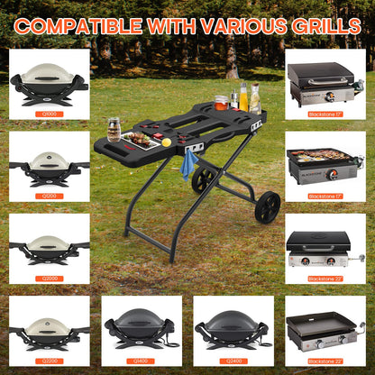 QuliMetal Portable Grill Cart for 17" & 22" Blackstone Griddles and Weber Q1000, Q1200, Q2000, Q2200 Series Grills - Durable, Foldable Cart Table with Wheels Hooks，BBQ Prep Table with Seasoning Tray