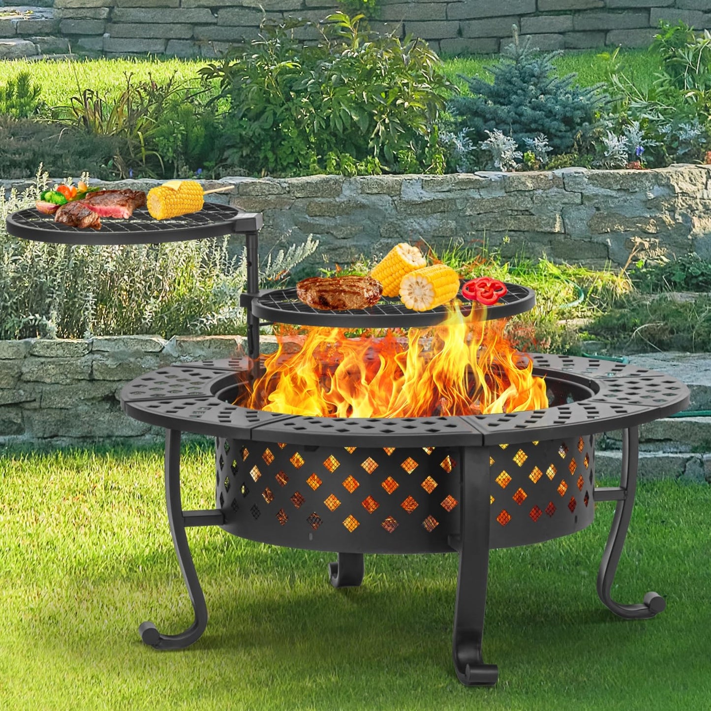 Panovue 42 Inch Fire Pit with 2 BBQ Grills, Wood Burning Fire Pits for Outside with Lid & Fire Poker, BBQ& Outdoor Firepit & Round Metal Table 3 in 1 for Patio, Picnic, Party