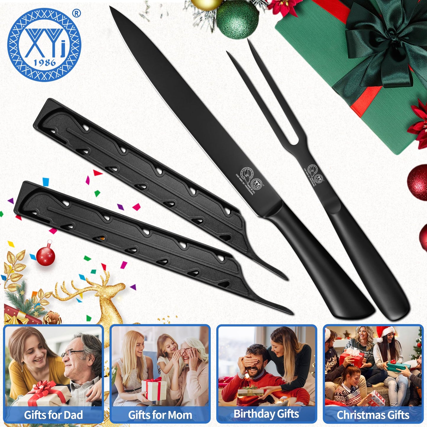 XYJ Carving Knife Set, 10 Inch Slicing Knife and Fork, Stainless Steel Professional Carving Knives, Meat Cleaver Knife With Ergonomic Handle, Kitchen Knives for Home