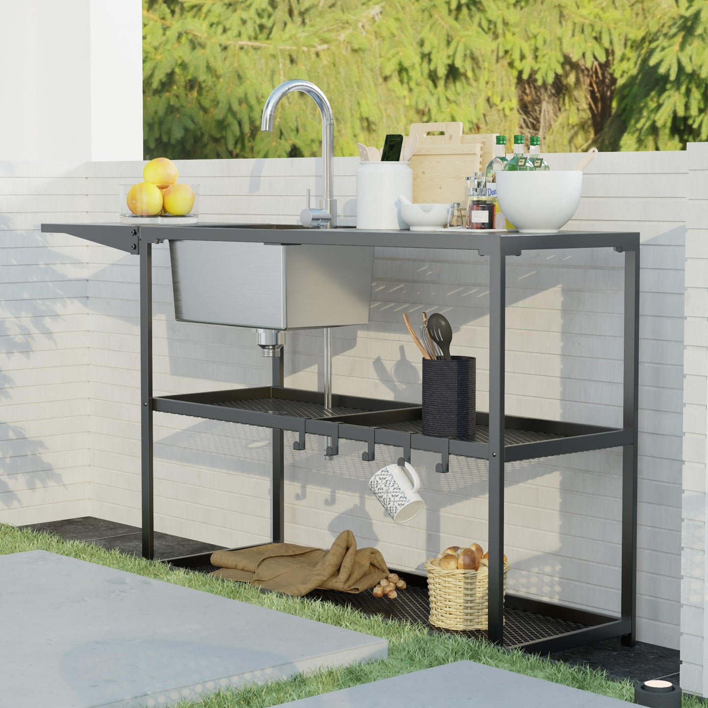 LUCKWIND 55 Inch Freestanding Kitchen Utility Sink with Stainless Steel Single Bowl, Foldable Countertop and Cold & Hot Water Faucet for Farmhouse, Garage, Outdoor, Laundry and Commercial Use