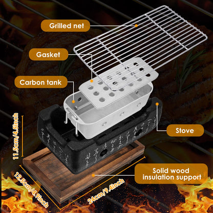 Japanese Style Grill Portable Japanese Barbecue Aluminum Alloy Hibachi Grill Charcoal Stove Yakitori Household Charcoal with Wire Mesh Wooden Base
