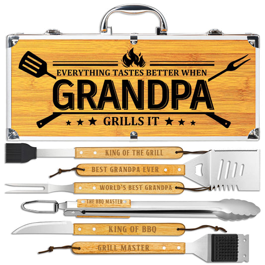 Fathers Day Grandpa Gifts from Grandkids, Grilling Gift Heavy Duty Wooden BBQ Grilling Accessories Kit for Backyard, Thick Stainless Steel Grill Utensils with Non-Slip Handle Tools in Portable Bag