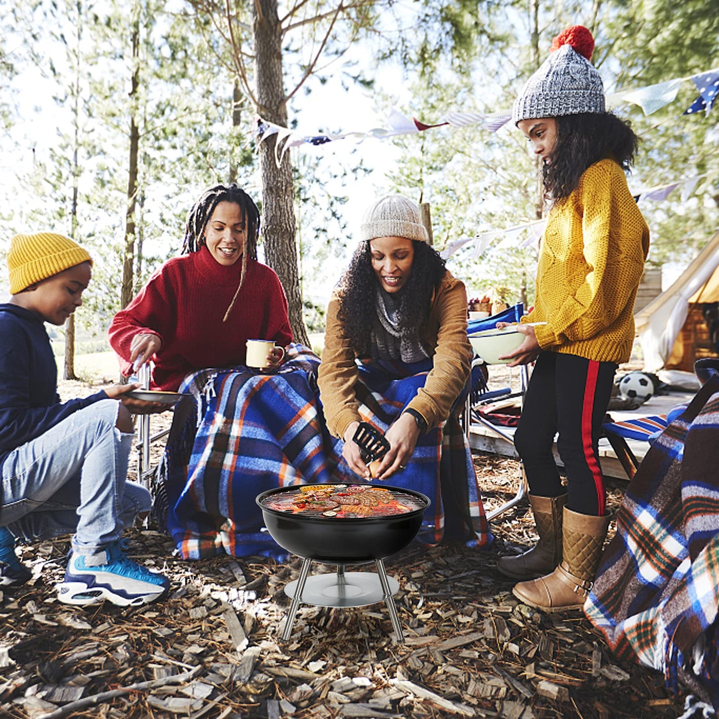 Sky Limited 13" Round Kamado Charcoal Grill, Portable Ceramic Barbecue Grill with Thermometer for Variations on Cooking Methods(Black) (Black)