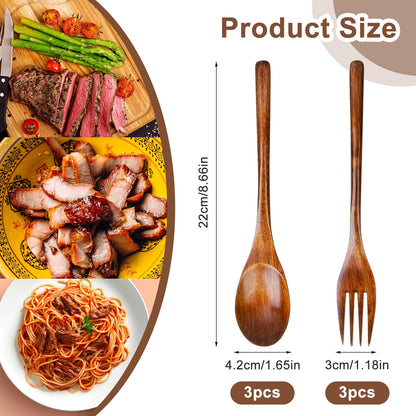 6 Pcs Wooden Forks and Spoons Reusable Wooden Spoons Forks Set Eating Utensil Set wooden Cutlery Wood Dinnerware Set Wood Kitchen Tableware Bamboo Utensils for Stirring Cooking Eating