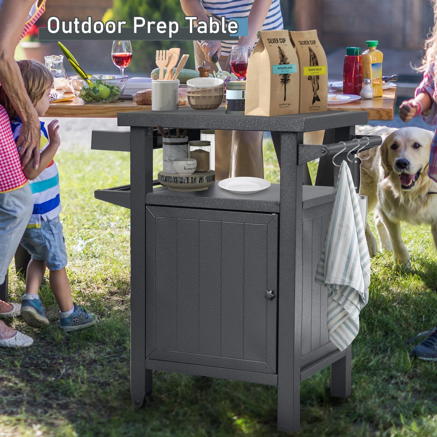 SHPAI Grill Cart Outdoor with Storage Cabinet, Portable Rolling Patio Bar Cart with Wheels, BBQ Prep Table, Movable Stainless Steel Kitchen Island Dining Cart for Food/Drink/Cooking -Grey