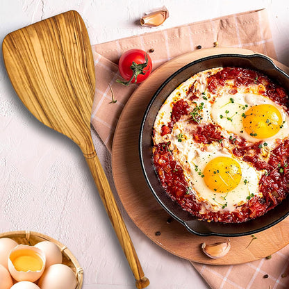 13.7 Inch Olive Wood Spatula for Cooking, Wooden Cooking Spatula/Turner, Long Handle Flat Frying Spatula, Olive Wooden Cooking Utensils for Nonstick Cookware Stirring, Frying & Flipping