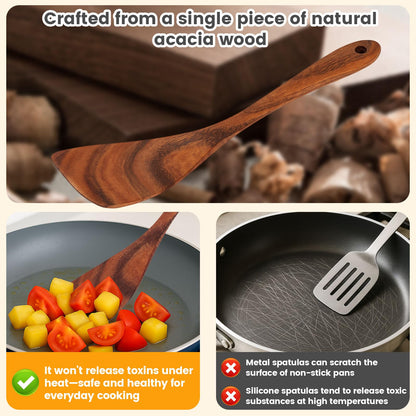 HANSGO Wooden Spatula, 12 Inch Natural Acacia Wood Spatula for Non Stick Frying Pan, Right Hand Flat Turner for Flipping Eggs Toast Pancakes, Sturdy & Lightweight