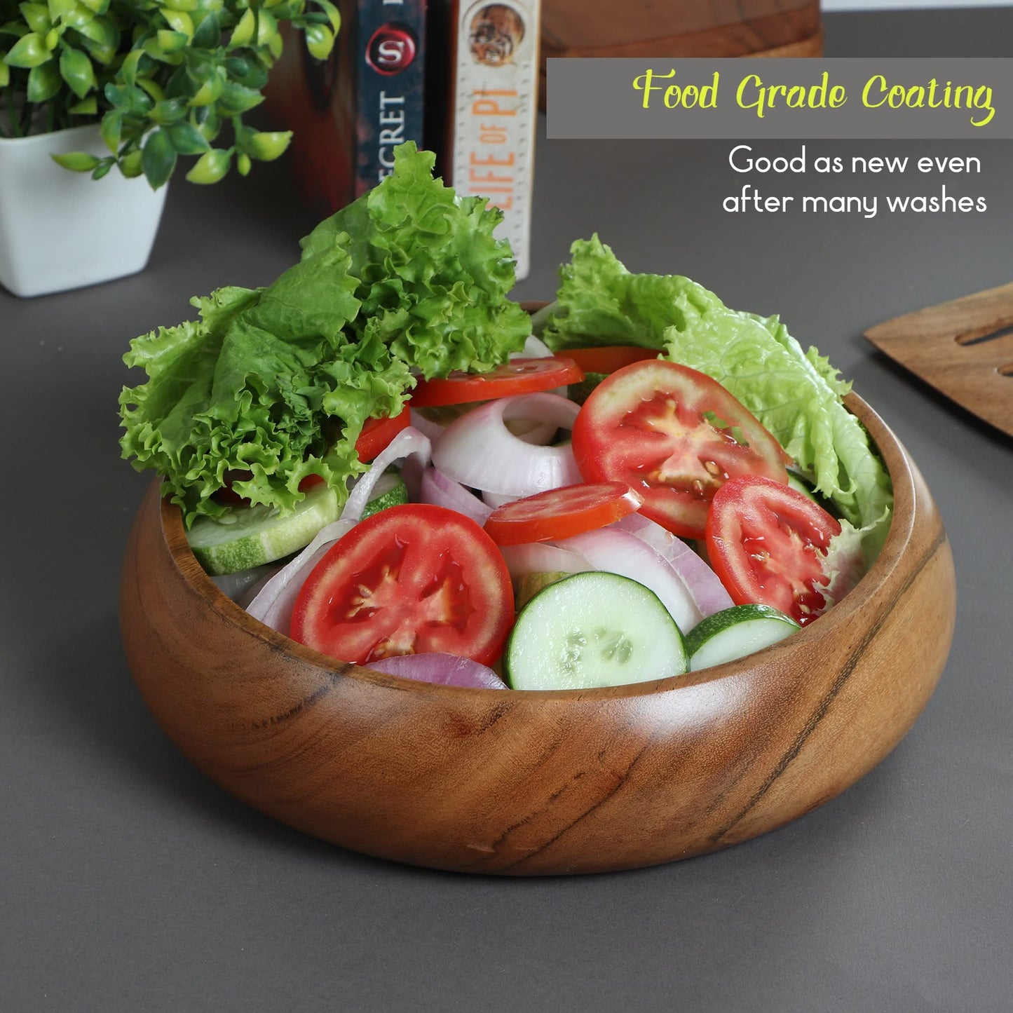 LAVAUX DESIGNS Acacia wooden salad bowls set of 2, large individual bowls 8 x 2 inches (25 oz) with Food safe wood coating | Jointless plates type wood bowl for food