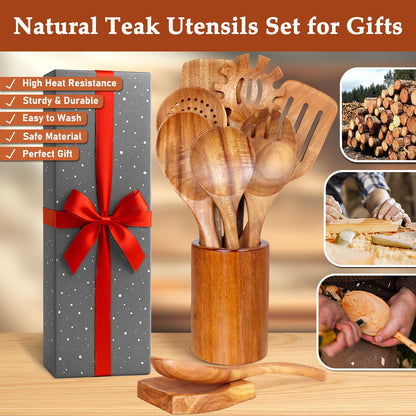 Wooden Spoons for Cooking 9 Pieces - Kitchen Wooden Cooking Utensils Set - Smooth Teak Utensils with Comfort Grip, Wood Spatula and Spoons Perfect for Cooking, Non-Stick Cookware