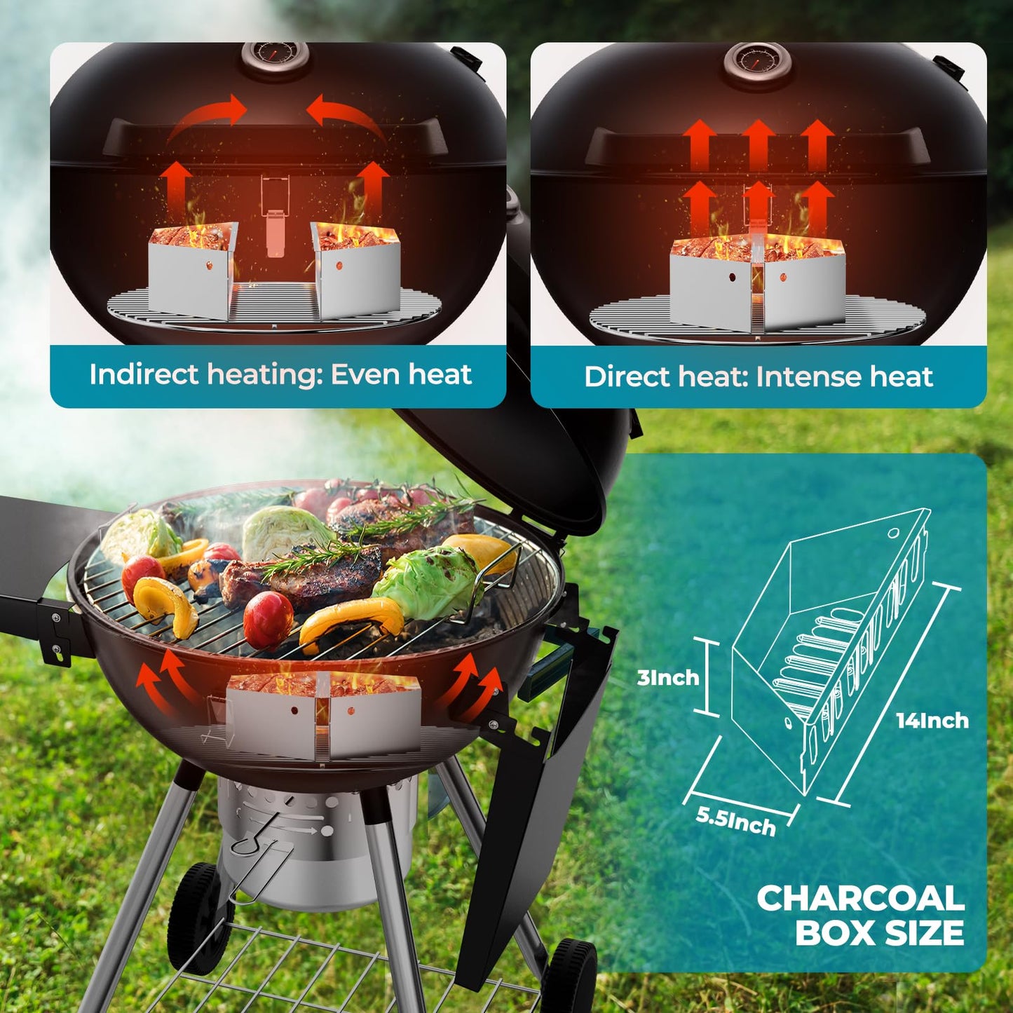 22 inch Charcoal Grills with Table, Portable BBQ Grill for Outdoor Camping, Barbecue Grill with Cover, Ash Catcher, and 2 Charcoal Boxes, 2 Wheeled Kettle Grill for Outdoor Cooking Family Party
