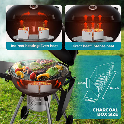 22 inch Charcoal Grills with Table, Portable BBQ Grill for Outdoor Camping, Barbecue Grill with Cover, Ash Catcher, and 2 Charcoal Boxes, 2 Wheeled Kettle Grill for Outdoor Cooking Family Party