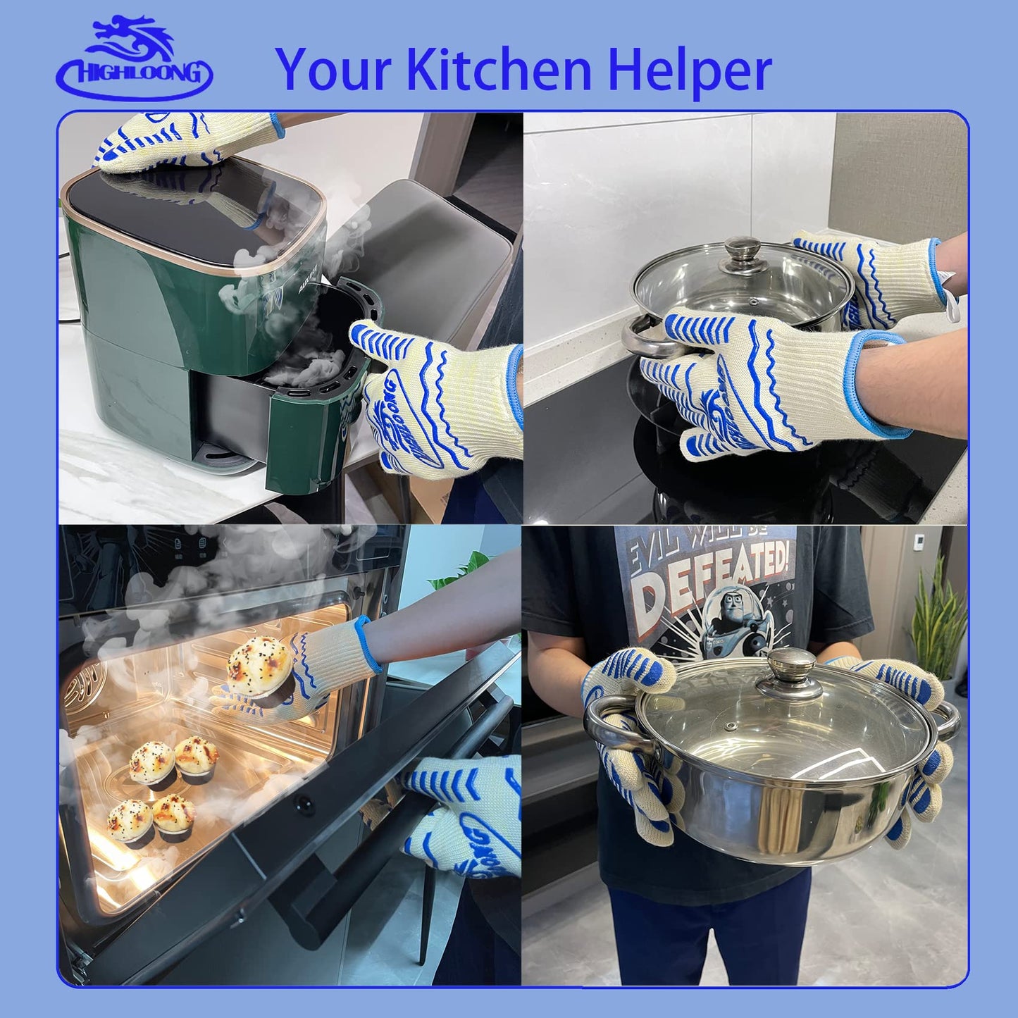 BBQ Gloves, Oven Gloves 1472℉ Extreme Heat Resistant, Grilling Gloves Silicone Non-Slip Oven Mitts, Kitchen Gloves for BBQ, Grilling, Cooking, Baking-1 Pair… (One Size Fits Most, Black)