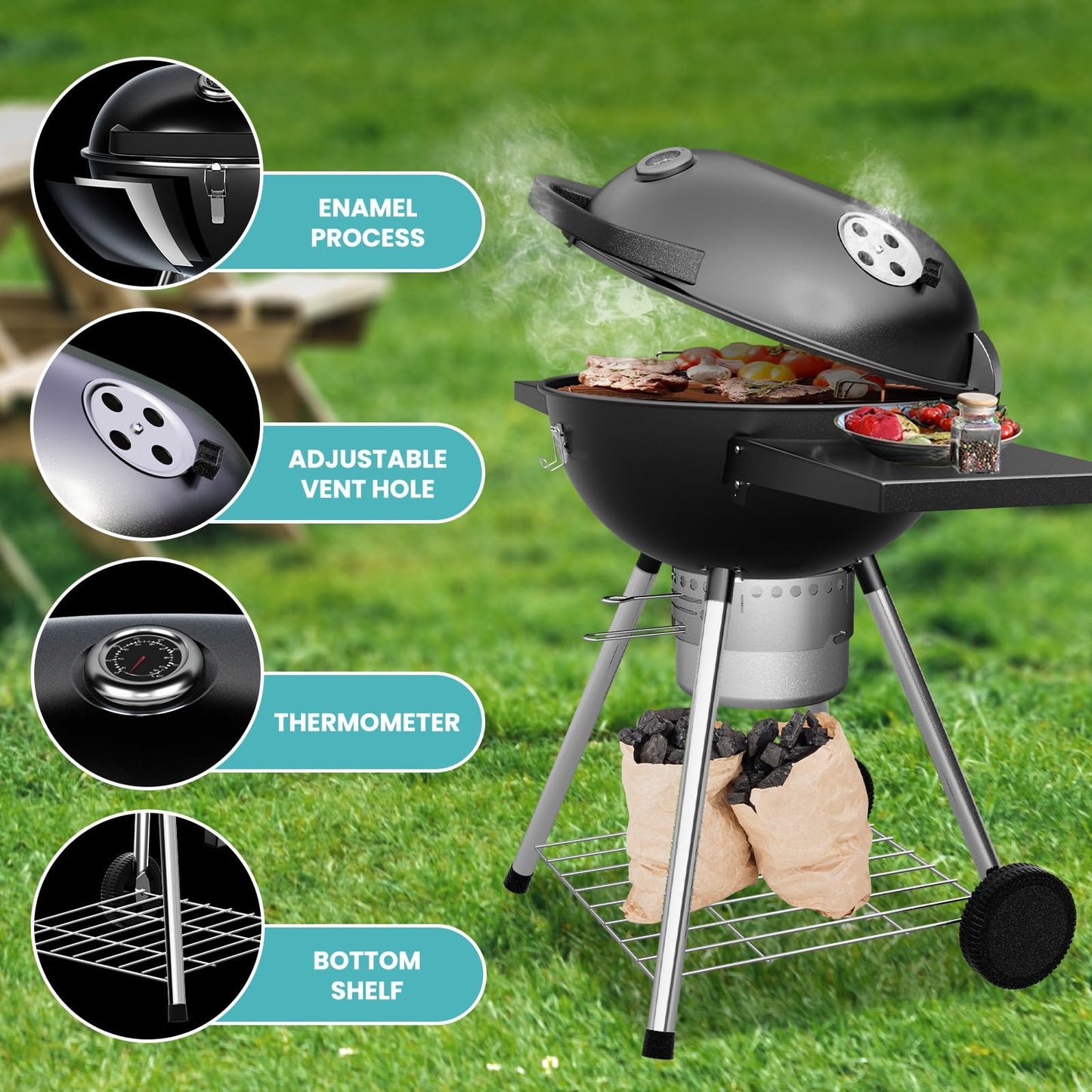 22 inch Charcoal Grills with Table, Portable BBQ Grill for Outdoor Camping, Barbecue Grill with Cover, Ash Catcher, and 2 Charcoal Boxes, 2 Wheeled Kettle Grill for Outdoor Cooking Family Party