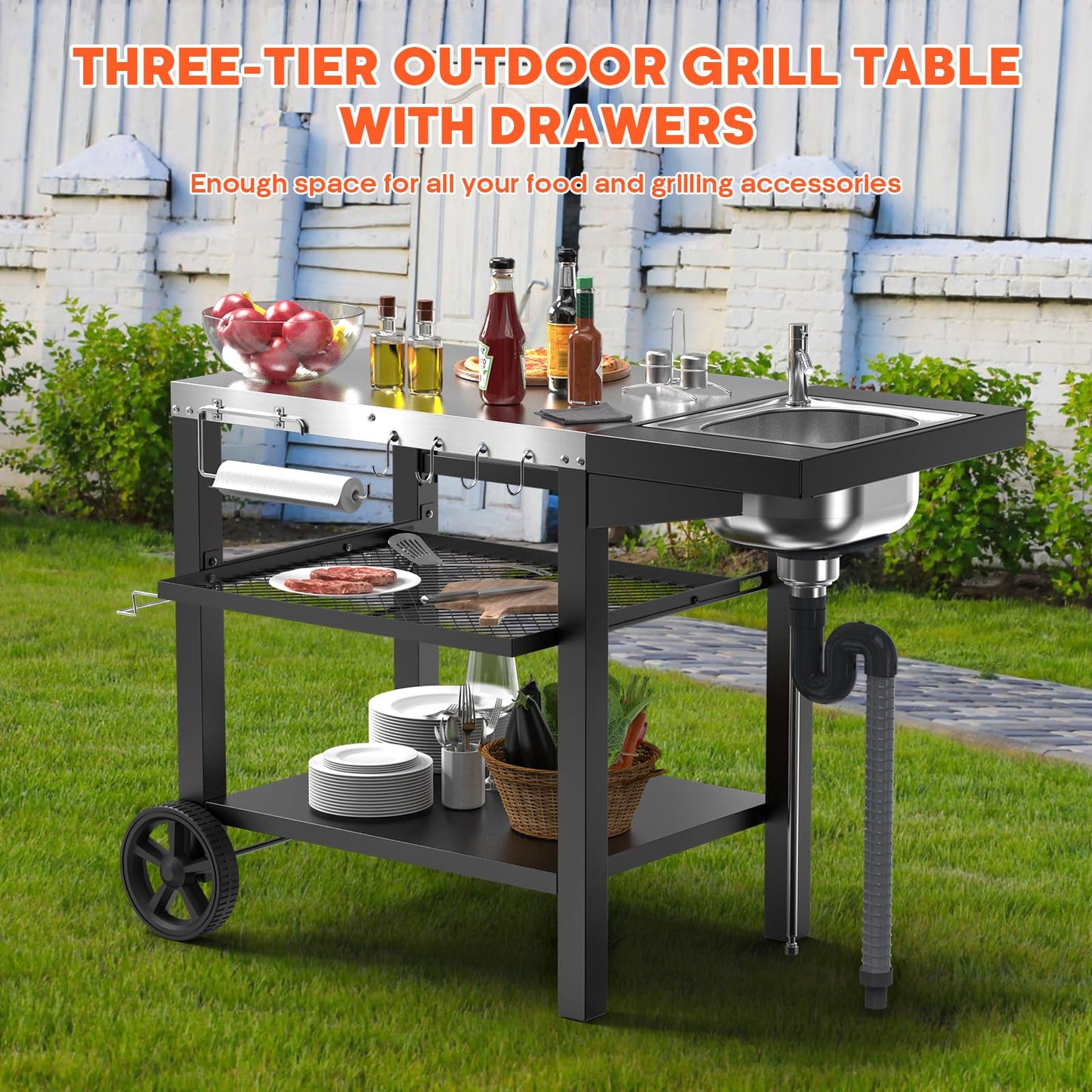 Outdoor Grill Table with Sink, Pizza Oven Cart with Drawer & Wheels, Movable 3 Shelf Food Prep Table for Ninja Woodfire, Blackstone Griddle Stand, Ooni Pizza Oven, Cuisinart, Cooking Station