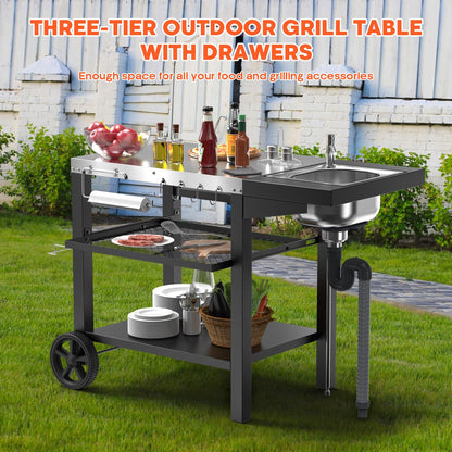 Outdoor Grill Table with Sink, Pizza Oven Cart with Drawer & Wheels, Movable 3 Shelf Food Prep Table for Ninja Woodfire, Blackstone Griddle Stand, Ooni Pizza Oven, Cuisinart, Cooking Station