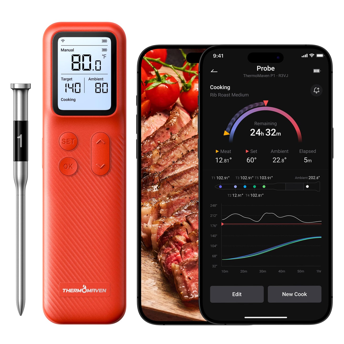 ThermoMaven Wireless Meat Thermometer with WiFi & Bluetooth, Standalone Base for Unlimited Range, NIST Certified Accuracy, Smart App Alerts for Grill, Oven, Smoker, BBQ
