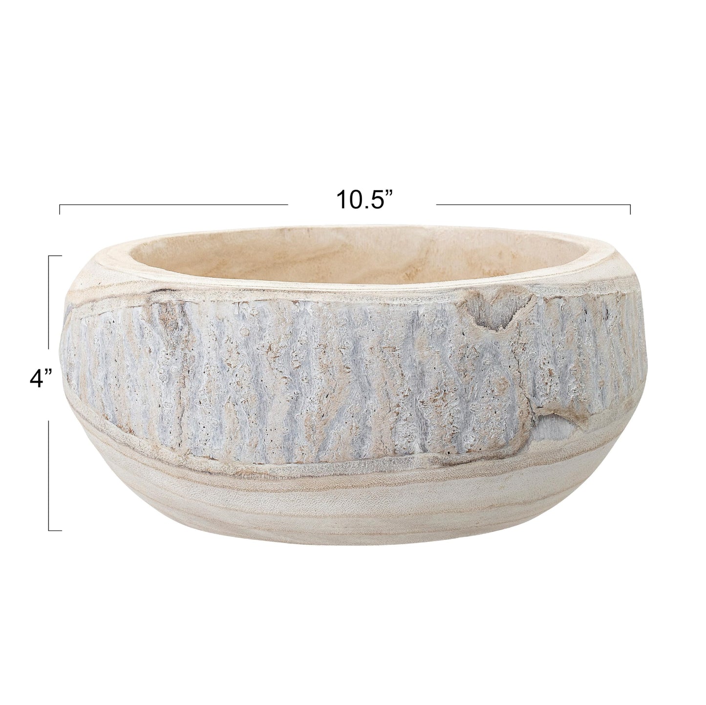 Bloomingville Decorative Hand-Carved Paulownia Wood Bowl, Whitewashed, 10.5 in Diameter, 4.25 in Tall