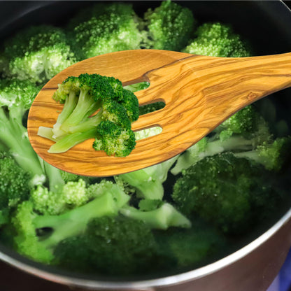 WONDERFUL 13.5 Inch Long Olive Wood Slotted Spoon, Wooden Spoons for Cooking, Healthy Stirring Serving Spoons, Mixing/Serving, Non-Stick