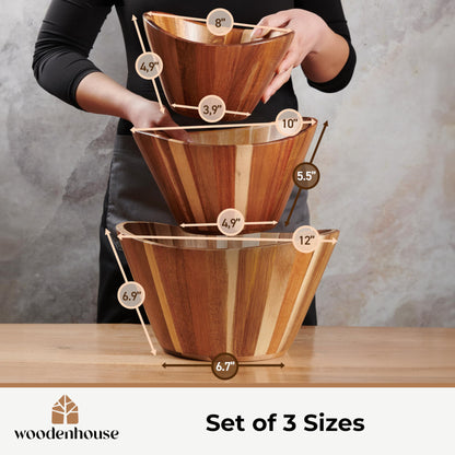 Wooden Salad Bowl Set, Salad Bowls Set of 3 - Wavy Design Salad Bowl Set for Serving, Handmade, Durable and Stylish Natural Wood Dining Accessory by Woodenhouse