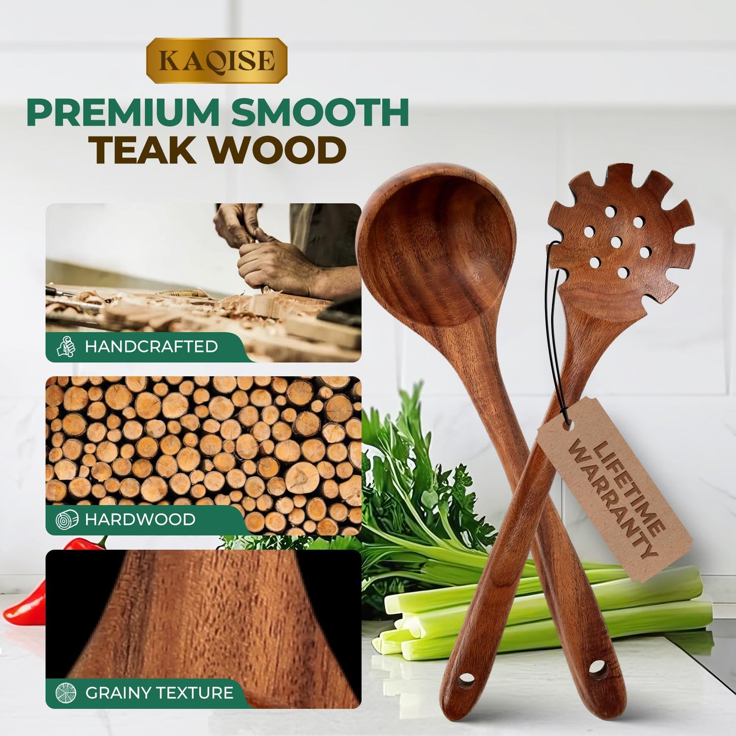 KAQISE 10PCS Premium Wooden Spoons for Cooking, Kitchen Essential Wooden Utensils Set, Teak Wood Culinary Utensils Set for Families