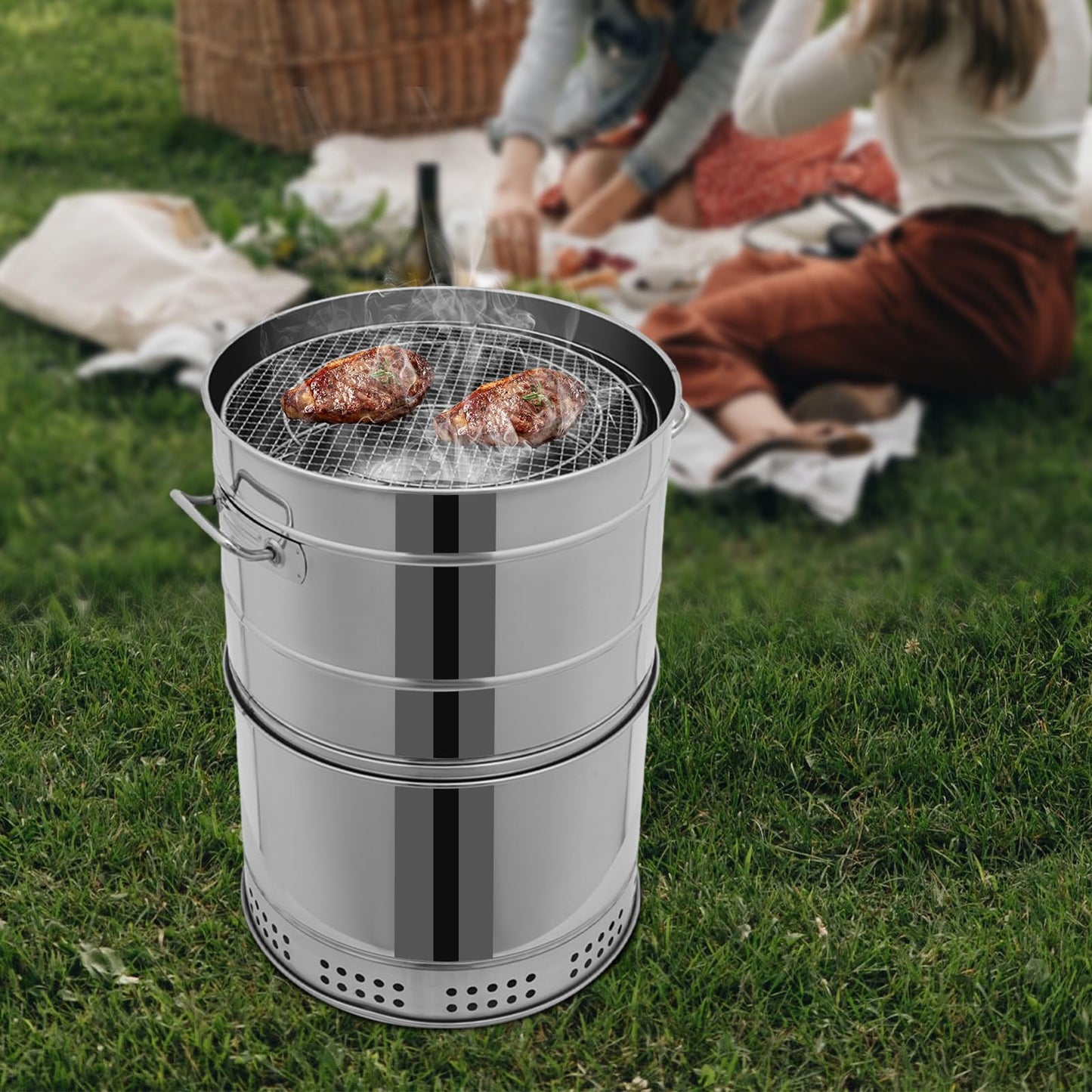 Stainless BBQ Grill Barrel, Large Portable Charcoal Grills with 50 Skewers Vertical Charcoal Smoker Grill Barrel for Outdoor Cooking and BBQ Camping Backyard 932F° (20.87 * 25.98in)