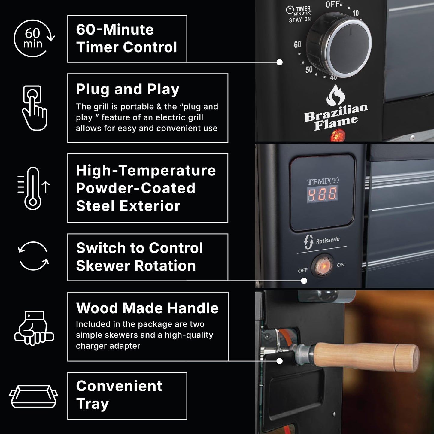 Brazilian Flame Rotisserie Grill Roaster with 2 Auto Rotating Indoor Skewers for Rotisserie Chicken, Steak, Fish, Brazilian Style BBQ, Electric Smoke-Free Rotisserie Grill for Apartment