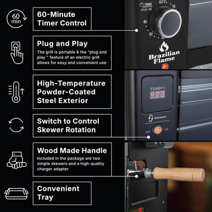 Brazilian Flame Rotisserie Grill Roaster with 2 Auto Rotating Indoor Skewers for Rotisserie Chicken, Steak, Fish, Brazilian Style BBQ, Electric Smoke-Free Rotisserie Grill for Apartment