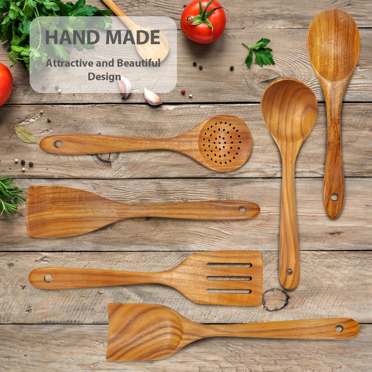 6 Piece Teak Wooden Utensil Set, Comfort-Grip Wooden Spoons for Cooking, Smooth Finish Wood Kitchen Utensils Set, Non-Stick Wood Spatula for Cooking