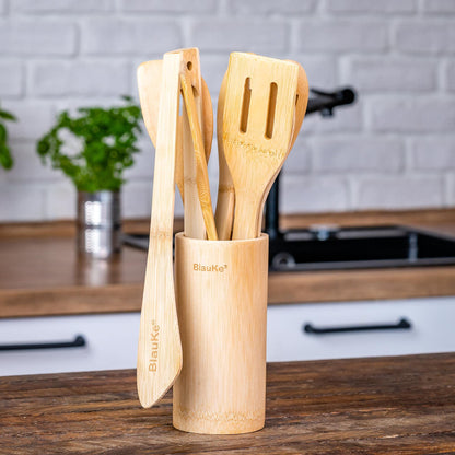 Wooden Spoons for Cooking 8-Pack – Bamboo Kitchen Utensils Set – Nonstick Wooden Cooking Utensils – Wood Spatula Spoon Tongs Utensil Holder – BlauKe®