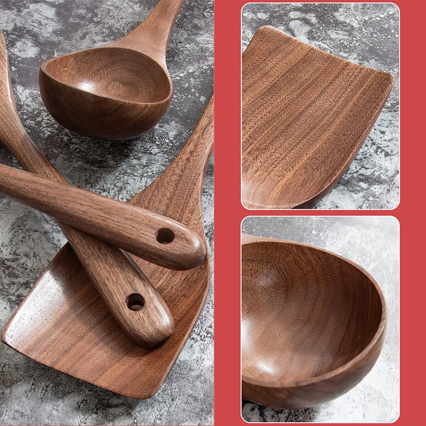 UPTALY 4 pcs Wooden Kitchen Utensils Set (C6), Natural Black Walnut Spoons, Thickened Ladle, Wood Slotted Spatula Turner, Extra Long Mixing Spoon, Scraper