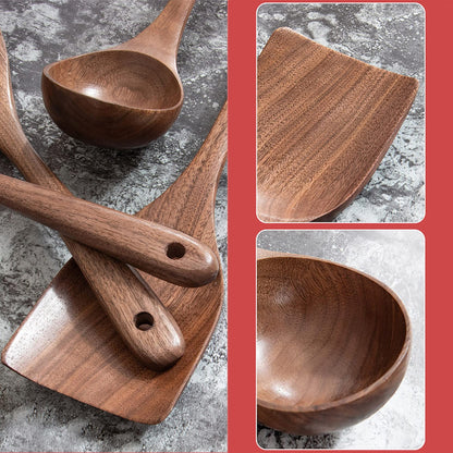 UPTALY 4 pcs Wooden Kitchen Utensils Set (C6), Natural Black Walnut Spoons, Thickened Ladle, Wood Slotted Spatula Turner, Extra Long Mixing Spoon, Scraper
