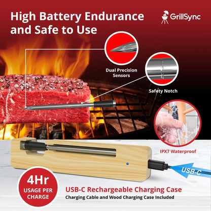 Grill Sync Digital Meat Thermometer Digital Wireless Dual Sensor Bluetooth BBQ Thermometer for Grill, Cooking Smoking, Oven Waterproof Meat Probe with USB-C Charging Case, App-Controlled, 165FT Range