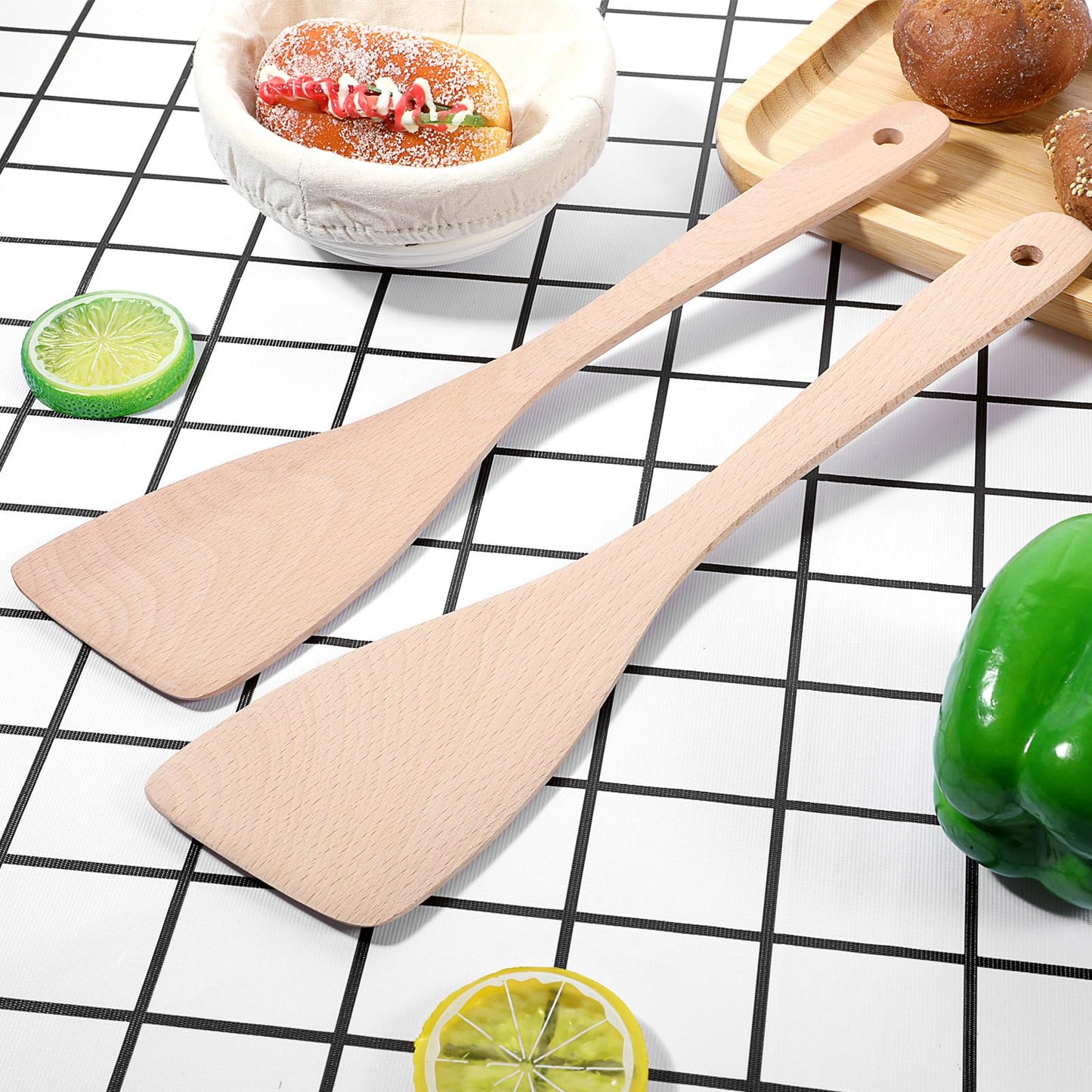 2 PCS Flat Wooden Spatula for Cooking, 13 Inch Long Handle Uncoated Beech Wood Spatula for Cooking, Non-scratch Frying Spatulas Flat Wooden Spoon Beech Wood Turners for Frying Cookware