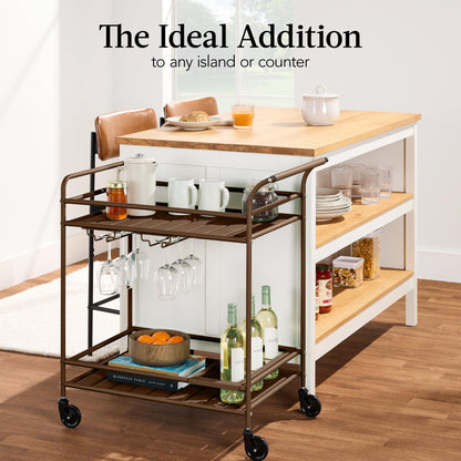 Best Choice Products Outdoor Mobile Patio Bar Cart, Home Bar Serving Cart, BBQ Side Table w/ 2 Tier Storage, Wine Rack, Lockable Wheels - Brown