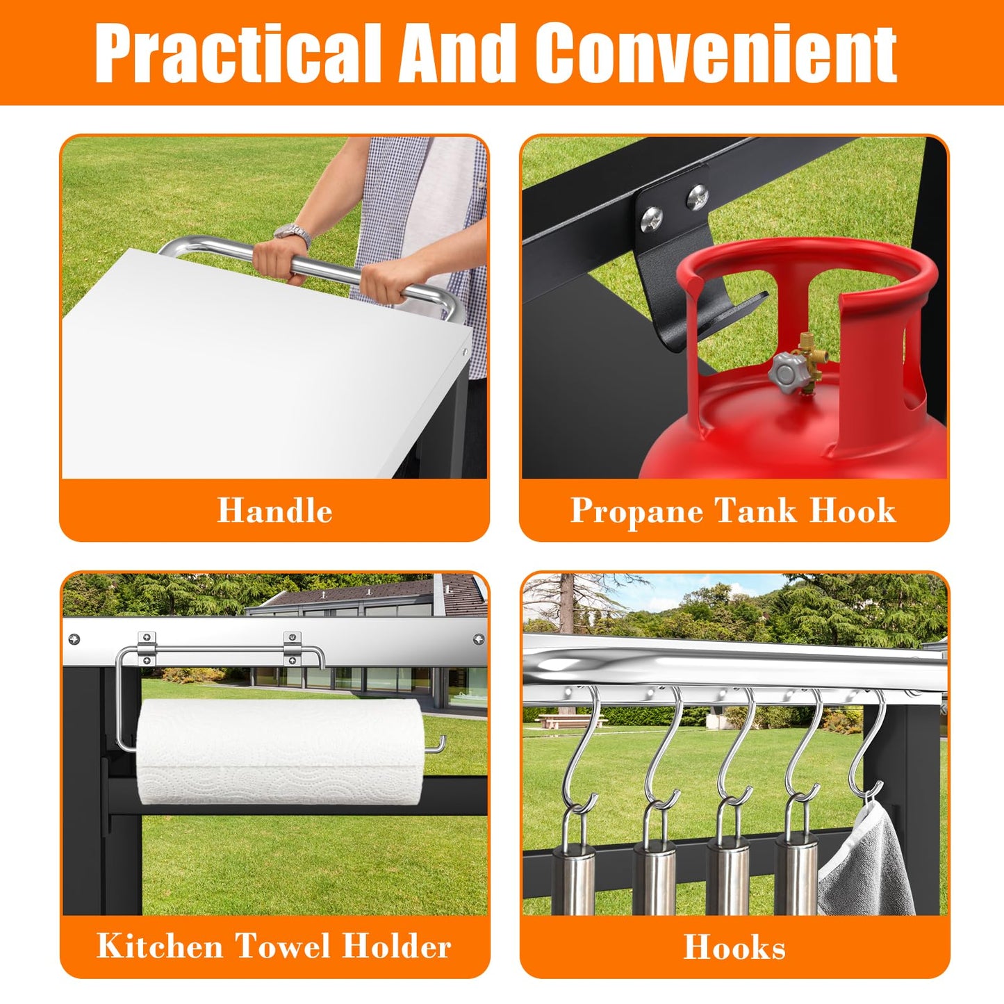 GRILL FORCE Outdoor Grill Table, Movable Dining Cart, Pizza Oven Table Stand, Double-Shelf Grill Stand, Food Prep and Work Cart with Wheels, Hooks, Fits for Blackstone Ninja