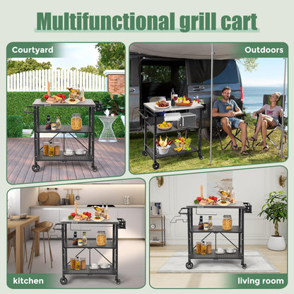 Annualing Portable Outdoor Grill Table,Folding BBQ Cart,Stainless Steel Grill Stand with Two Locking Casters,29×17in,for 17/22in Blackstone Griddle,Ninja Woodfire Stand,Pizza Oven table