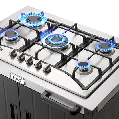 Feasto Gas Grill, Movable Outdoor Gas Stove Stainless Steel Top with Cabinet, 5 Burners with 36,200 BTUs, Outdoor Propane Grill for Outdoor Cooking, Ideal for Lawn & Garden, L35.4” x W24”