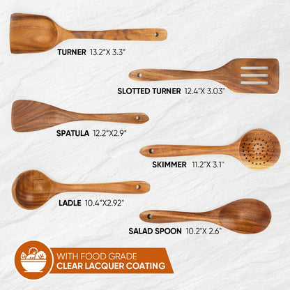 EZuncle 6 Piece Wooden Cooking Spoon Set - Ideal For Non-Stick Pans, Heat Resistant Solid Wood, Smooth Teak Cutlery For a Comfortable grip - Lightweight and Durable - Easy to Clean(6 PCS Large)