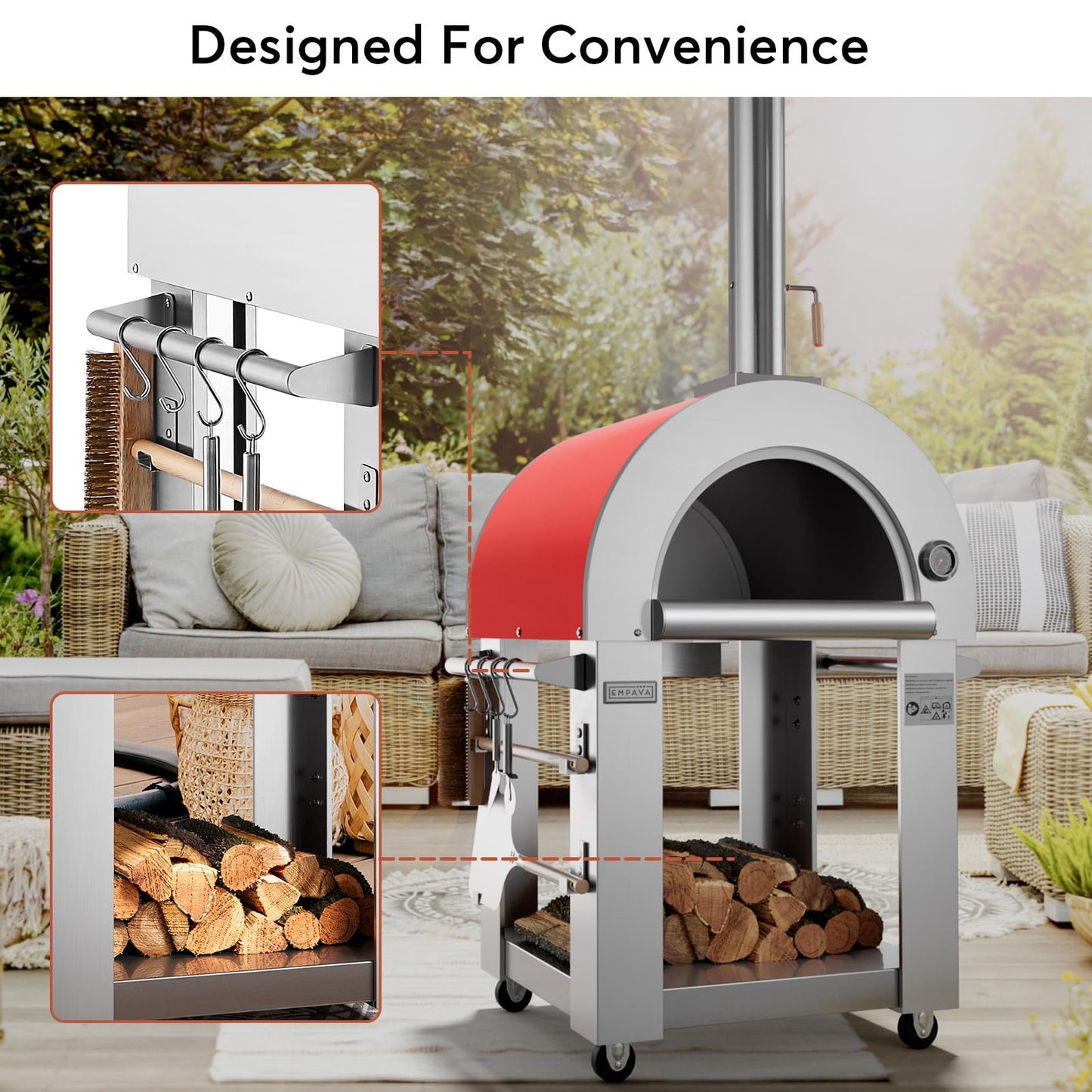 Empava Pizza Oven with Open Shelf and Wheels for Outdoor Kitchen, Wood Fire for Grill & Camping Backyard Party in Stainless Steel, 38.6 Inch, Italian Red