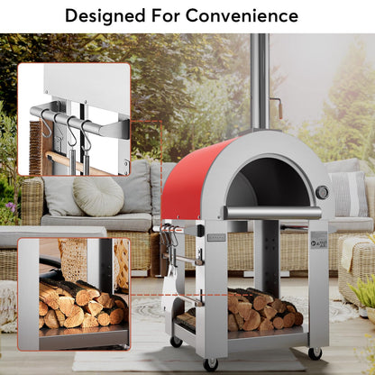 Empava Pizza Oven with Open Shelf and Wheels for Outdoor Kitchen, Wood Fire for Grill & Camping Backyard Party in Stainless Steel, 38.6 Inch, Italian Red