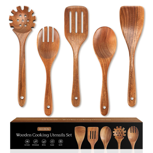 5 PCS Wooden Spoons for Cooking Natural Teak Kitchen Utensils Smooth Non-Stick Surface Cooking Utensils Set Soft Comfort-Grip Wooden Utensils for Cooking