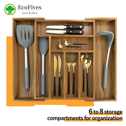 Luxury Acacia Kitchen Drawer Organizer - Silverware Organizer - Utensil Holder and Cutlery Tray with Grooved Drawer Dividers for Flatware and Kitchen Utensils (8 Slot), 17*12.4*2 inch