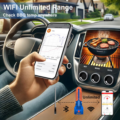 WiFi Bluetooth Wireless Meat Thermometer, Unlimited Range, 7 NIST Certified Accuracy Sensors with Ambient Temp Remote Monitoring for BBQ Grill, Oven, Smoker, Air Fryer (1, Black, Medium)