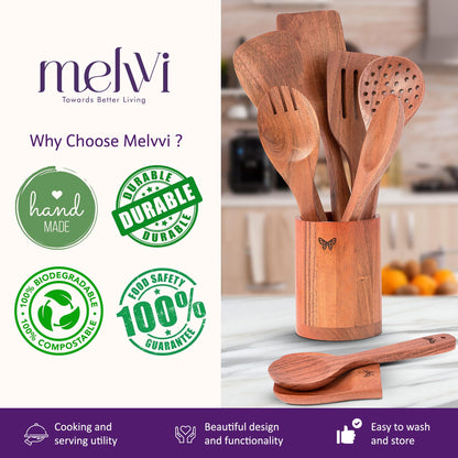 Wooden Kitchen Cooking Utensils Set | 9 Piece Spatula Set with Spoon Rest, Holder & 7 Hooks | Acacia Wood Non Toxic Serving Spoons